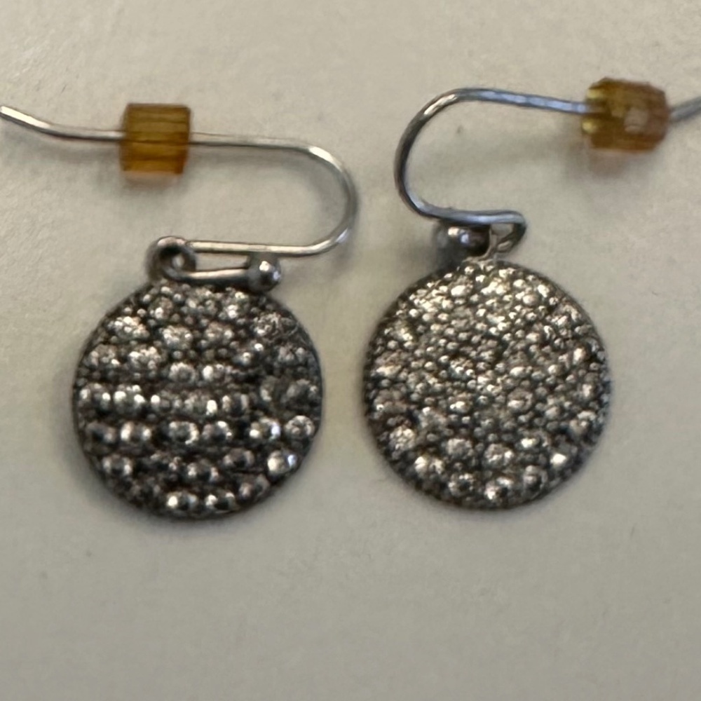 Silver Textured Disc Drop Earrings with Crystals - Picture 2 of 11